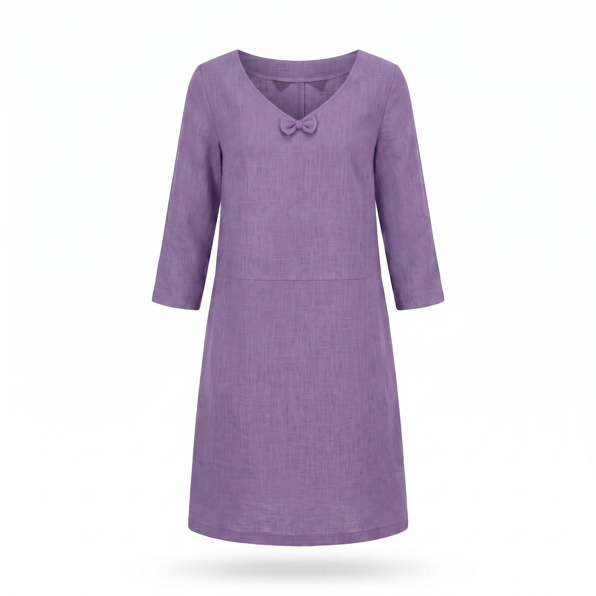A lavender purple linen dress with three-quarter sleeves and a small bow detail at the neckline, shown against a plain white background.