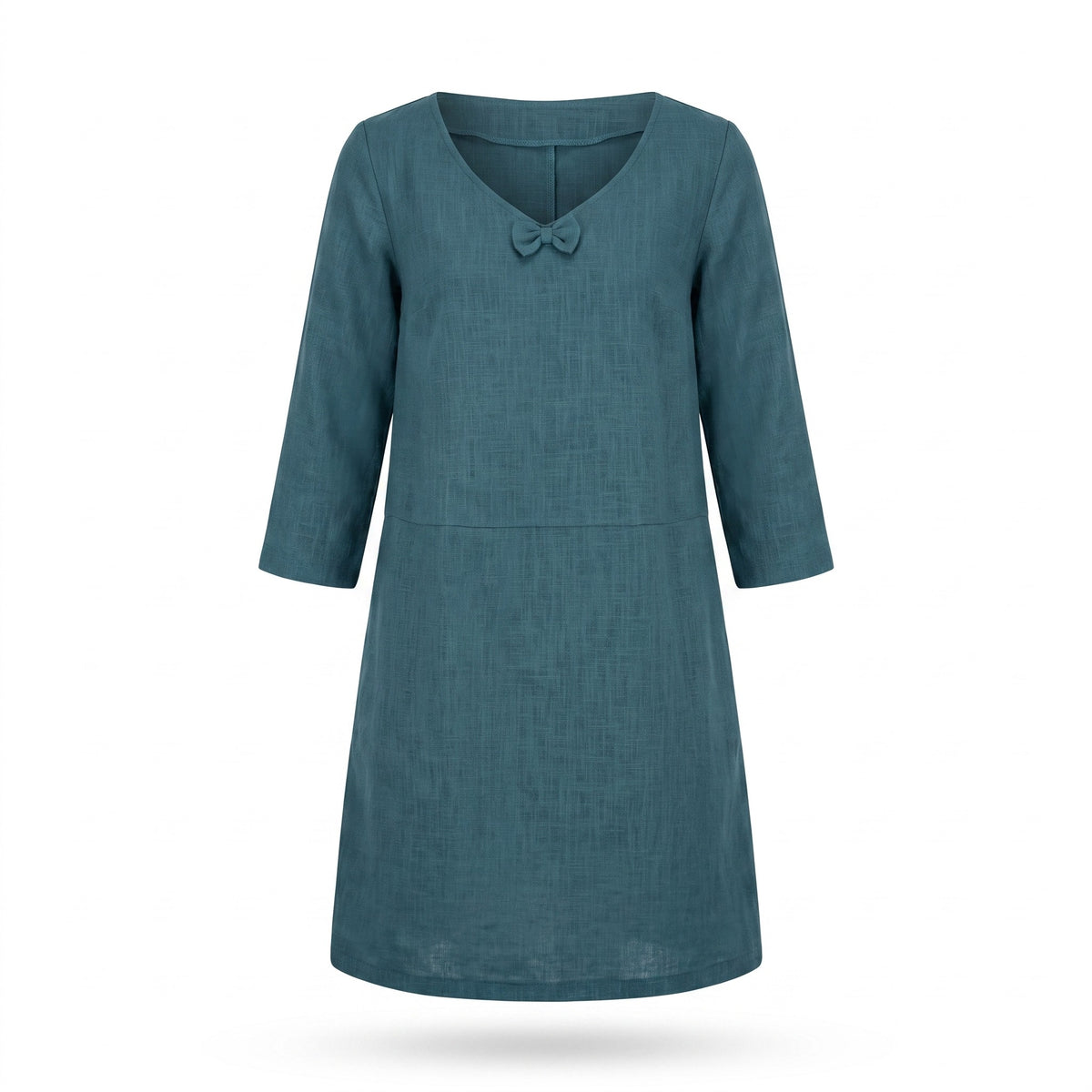 A teal blue linen dress with three-quarter sleeves and a small bow detail at the neckline, shown on a plain white background.