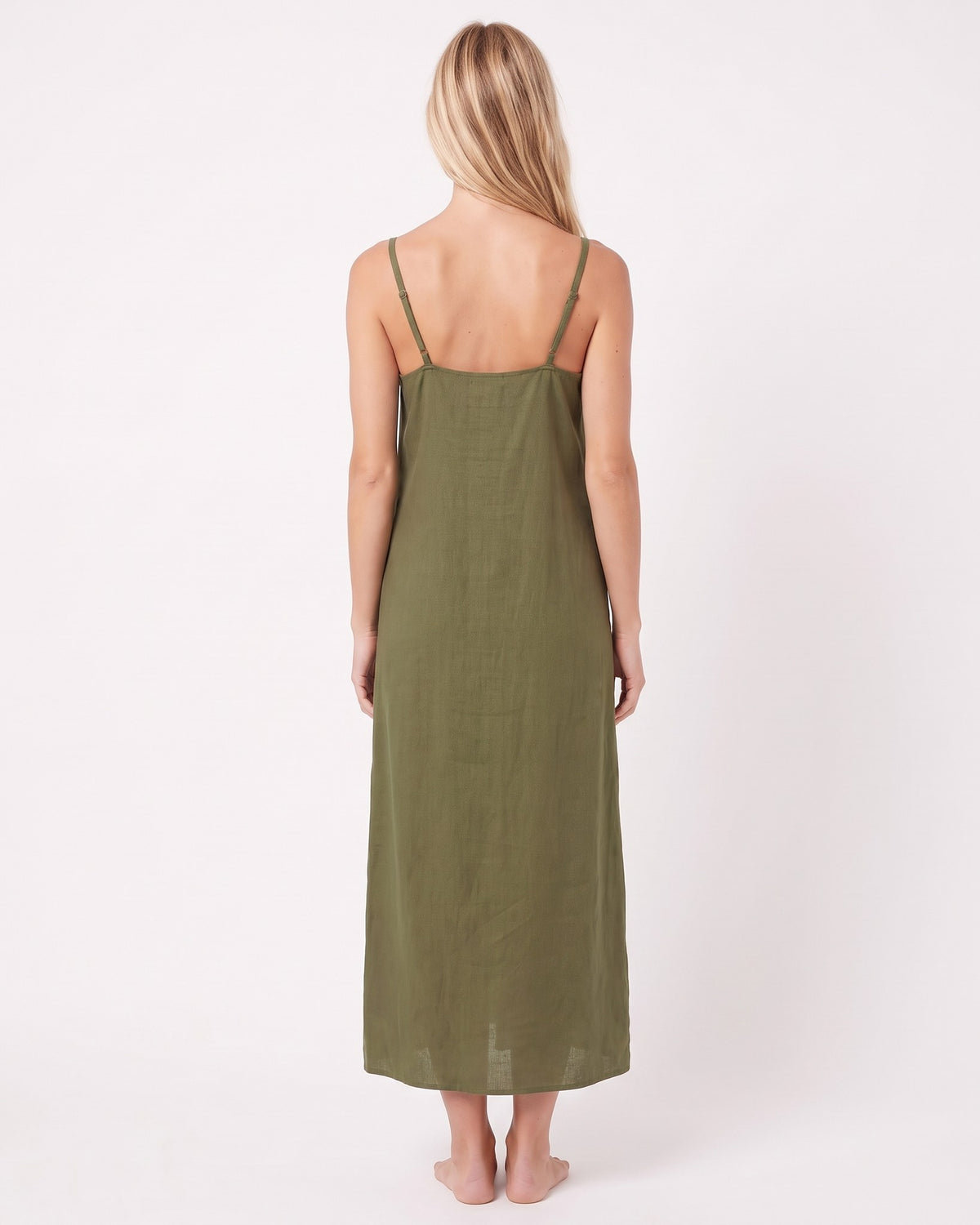 LeMuse SUNSET linen dress in olive green – model back view studio #Color_Olive green