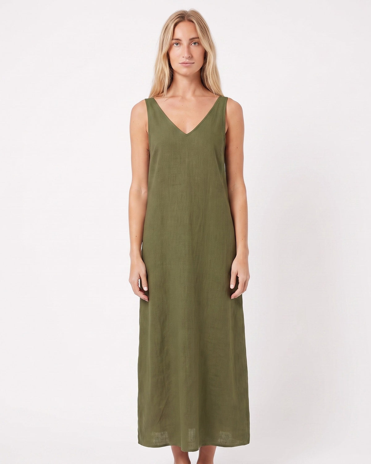 LeMuse SUNSET linen dress in olive green – model front full length studio #Color_Olive green