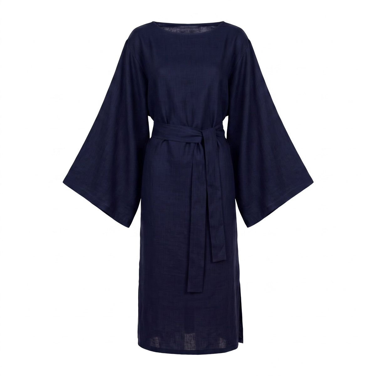 A dark navy blue kimono-style dress with wide, flowing sleeves and a matching waist tie belt, shown against a plain white background.