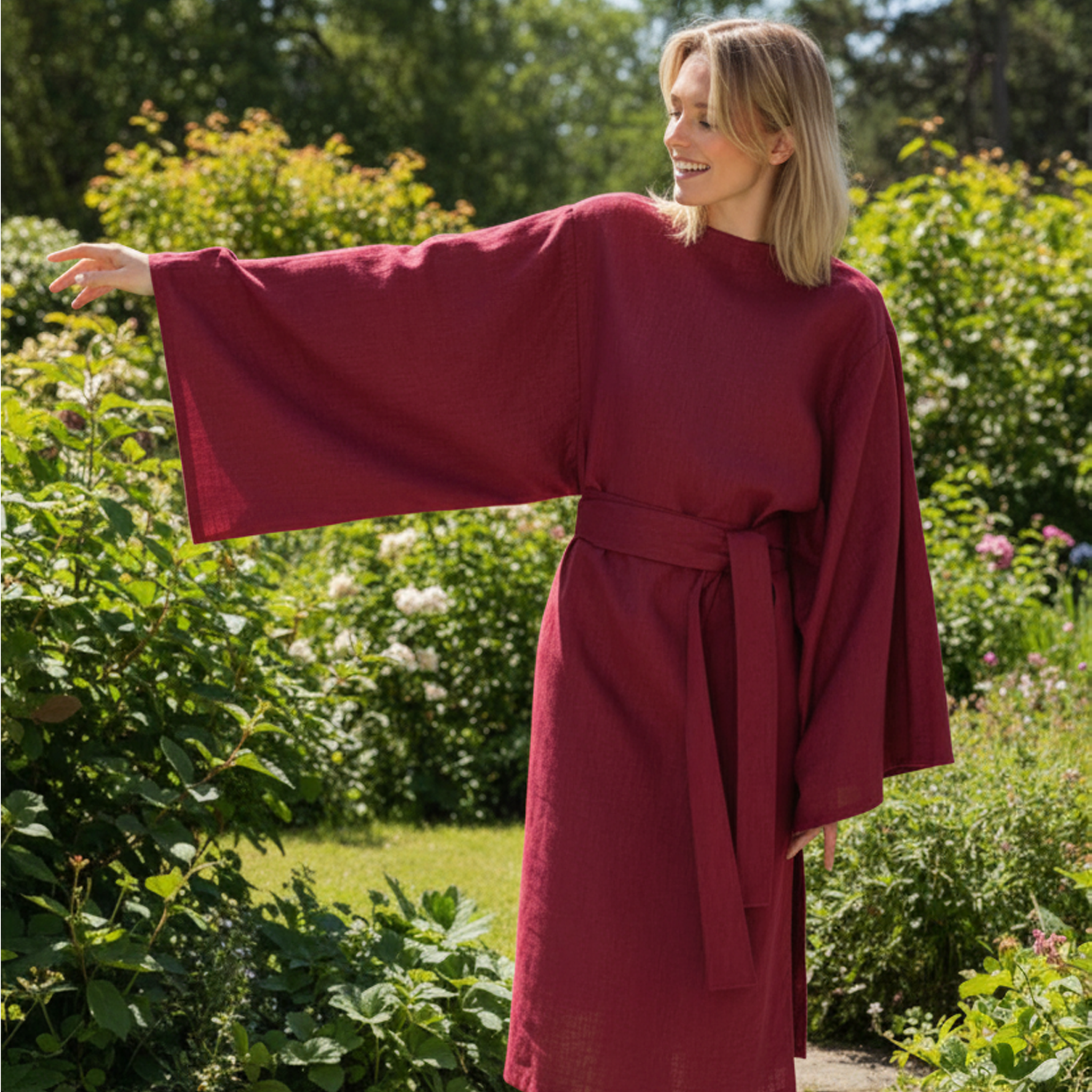 WHISPER — Robe midi en lin délavé à la pierre à manches kimono