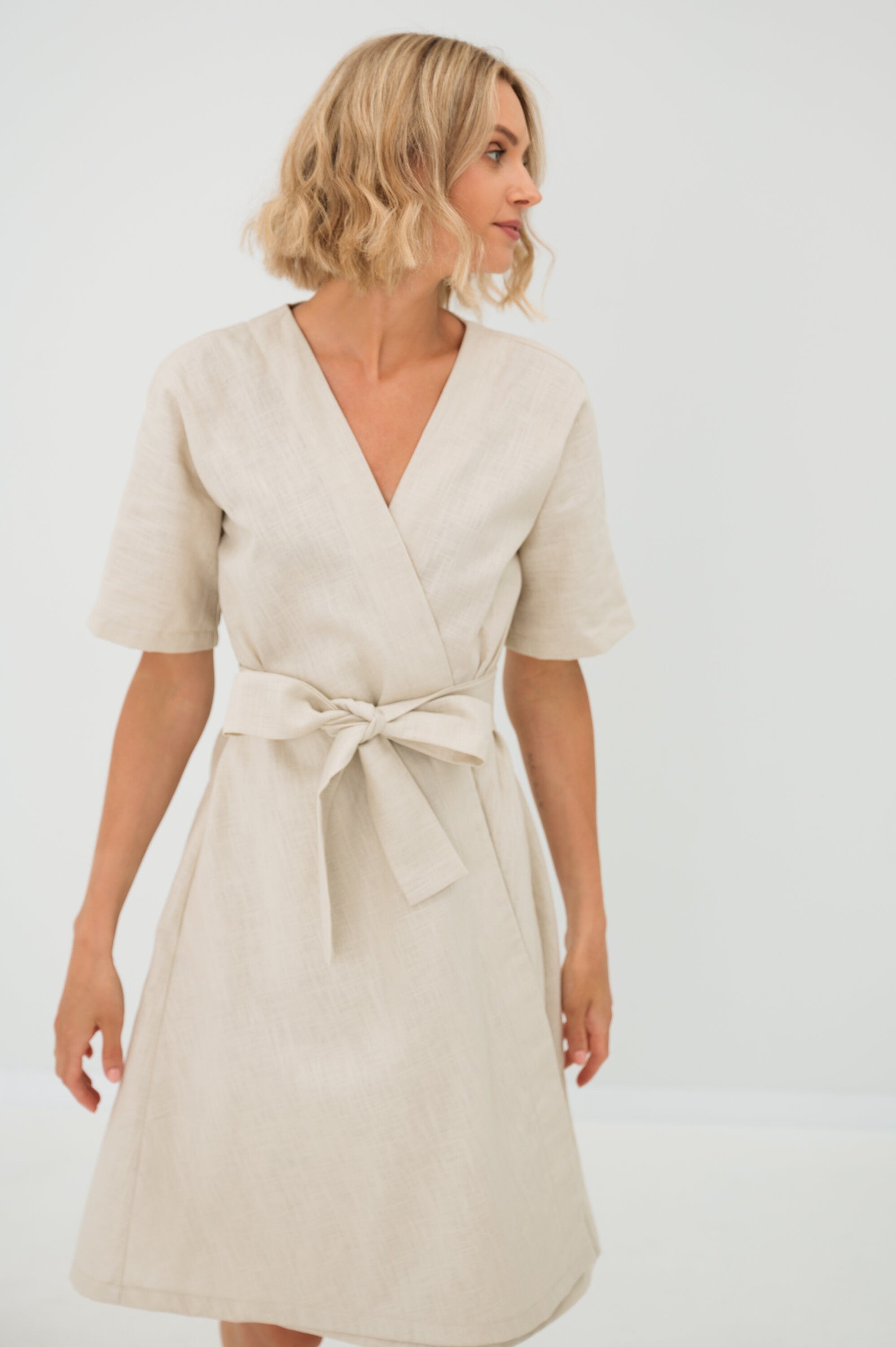 CHLOE — Wrap-Style Linen Dress with Pockets